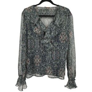 Tesori Long Sleeve Sheer‎ Ruffle Blouse M Blue Floral Print Top Silk Cami Boho
